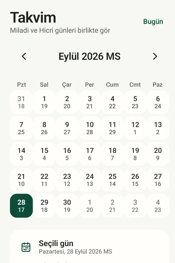 Takvim ekranı: Eylül 2026 aylık görünümde her günün altında Hicri gün; seçili gün 28 Eylül, 17 Rebiülahir 1448.