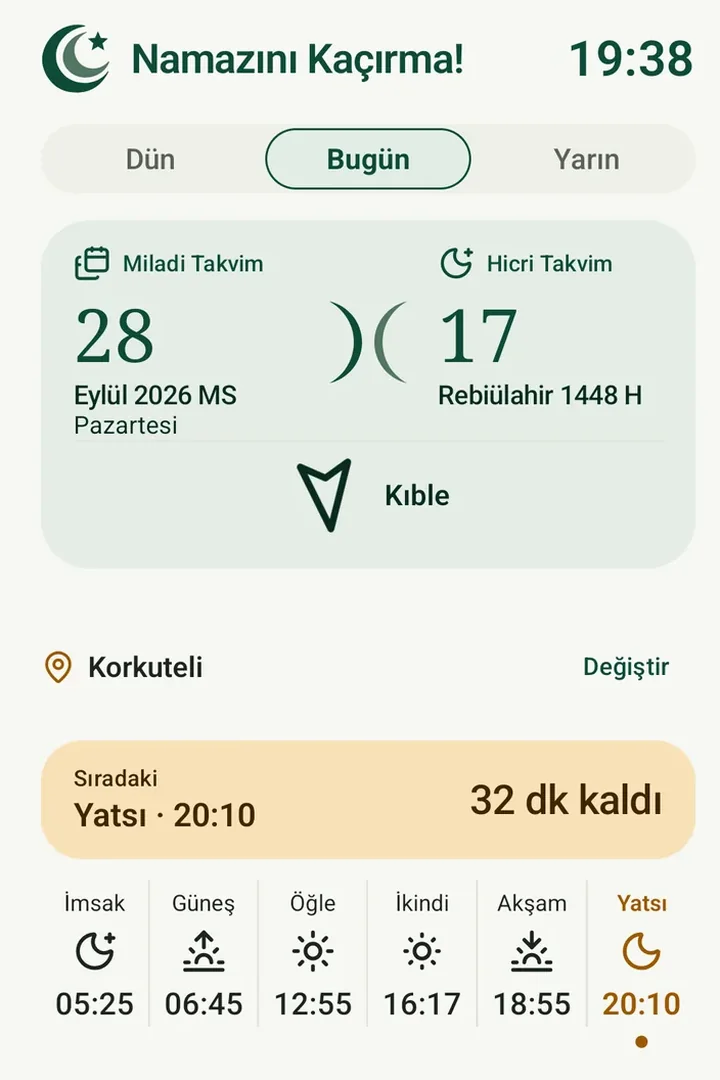 Bugün ekranı: 28 Eylül 2026 ve 17 Rebiülahir 1448 yan yana, kıble oku, sıradaki vakit Yatsı 20:10 ve altı vakit tek satırda.